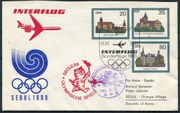 1988 DDR Berlin Seoul Korea Olympics Interflug Flight Stationery Cover. Rochsburg, Burg Schwarzenberg, Burg Stein - Enveloppes - Oblitérées
