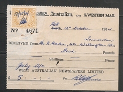 AUSTRALIA - 1954 NEWSPAPER RECEIPT With STAMP DUTY - Fiscale Zegels
