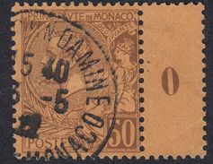 MONACO - 1900 - Yvert 18 Usato; 50 Centesimi, Lilla/bruno Su Carta Arancio Con Numero 0 (Millésime) Su Banda Laterale. - Varietà