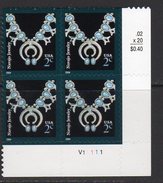 USA 2002 Arts & Crafts 2c Navajo Necklace Sheet Stamp Plate Block Of 4, Perf. 11½ X11, MNH (SG 4092) - Neufs