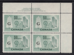 Canada MNH Scott #O38 'G' Overprint On 50c Textile Industry Plate #1 Upper Right PB - Aufdrucksausgaben