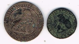 Dos Monedas De 1 Y 2 Cts Cobre , España 1870, Cu º - First Minting