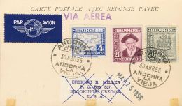 Sobre 56, 48, 50 1956. Andorra. 4 Pts Ultramar, 20 Cts Lila Y 30 Cts Verde Oliva. Tarjeta Postal Doble Certificada De AN - Autres & Non Classés