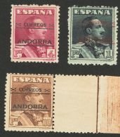 ** 10N, 11/12N, 14N 1928. Andorra. 1 Pts Pizarra, 4 Pts Carmín Violeta, 10 Pts Castaño Y 20 Cts Rojo Vivo. - Autres & Non Classés