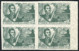 GJ.952P, 1947 San Martín, IMPERFORATE BLOCK OF 4, MNH, Fine Quality, Catalog Value US$40. - Otros & Sin Clasificación