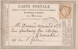 Yvert 55 Cérès Carte Précurseur ST ETIENNE Loire 1/10/1875 GC 3581 Pour Grenoble Isère - Cartes Précurseurs