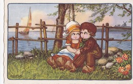 A. BERTIGLIA. -  Couple De Jeunes  Hollandais Assis Au Bord De L'eau. - Bertiglia, A.