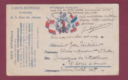 GUERRE 14/18 - 090717 - FM - Carte Réponse Expédiée De La Zone Des Armées - Note OFFICIEL - Briefe U. Dokumente