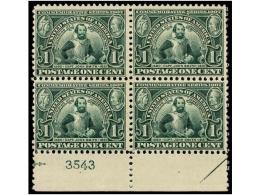 ** ESTADOS UNIDOS. Sc.328 (4). 1907. 1 Ctvo. Green, Block Of Four With Plate Number (3543), Never Hinged.... - Autres & Non Classés