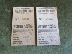 Two Tickets Southern Railway First Class Victoria To Dover Or Folkestone 1947 - Europe