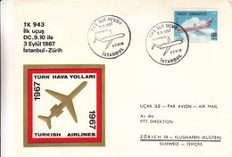 Turquie - Lettre De 1967 - Vol Istanbul Zürich - Oblit Istanbul - Cachet De Zürich - Avions - Lettres & Documents