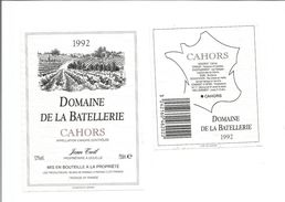 Etiquette De VIN FRANCAIS - CAHORS " Domaine De La Batellerie 1992 " - Cahors