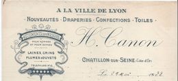 Nouveautés Draperies Confections Toiles/H Canon / Châtillon Sur Seine / Cote D'Or/à La Ville De Lyon/ 1922       FACT219 - Textile & Clothing