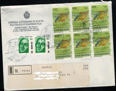 San Marino 1988 Busta Raccomandata Con Blocco Di 6 "1985 Campionati Mondiali Di Pesca" Più Val Compl. Per Tariffa  ° VFU - Covers & Documents