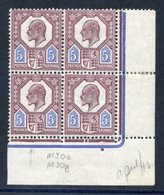 1911-13 5d Dull Reddish Purple & Bright Blue Lower Right Corner Marginal M Block Of Four Showing Date Cuts, Incl. Broken - Other & Unclassified