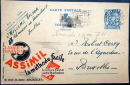 BELGIQUE  CARTE POSTALE PUBLICITAIRE ILLUSTREE  METHODE ASSIMIL PEDAGOGIE   ENTIER POSTAL 1948  CACHETS ET FLAMMES - Collections & Lots