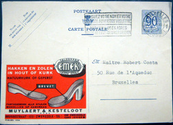 BELGIQUE  CARTE POSTALE PUBLICITAIRE ILLUSTREE SEMELLES CHAUSSURES TALON EMEK   ENTIER POSTAL 1951 CACHETS ET FLAMME - Collections & Lots