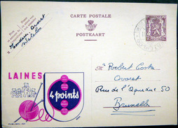 BELGIQUE  CARTE POSTALE PUBLICITAIRE ILLUSTREE LAINES  4 POINTS TRICOT  ENTIER POSTAL 1950 CACHETS ET FLAMME - Collections & Lots