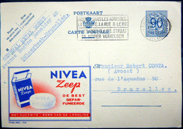 BELGIQUE CARTE POSTALE PUBLICITAIRE ILLUSTREE CREME NIVEA ZEEP COSMETIQUE   ENTIER POSTAL 1952 CACHETS  FLAMME - Sammlungen & Sammellose