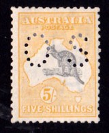 Australia 1918 Kangaroo 5/- Grey & Yellow 3rd Wmk Perf OS MH - Ewe-Faced Variety - Neufs