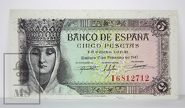 Spain/ España 5 Pesetas/ Ptas Spanish Banknote - Issued 1943, I Series - AU Quality - 1-2 Peseten