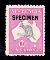 Australia 1917 Kangaroo 10/- 3rd Watermark SPECIMEN Type B MH - Broken Tail - Mint Stamps