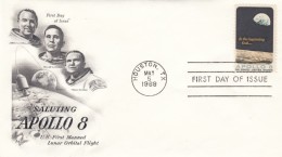 Apollo 8 Illustrated Cover, Astronauts Lovell Anders Borman Lunar Orbit, FDC Houston Texas Postmark 5 May 1969 - America Del Nord