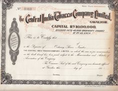 India 1930's  The Central India Tobacco Compant Ltd.  Share Certificate  #  00945  FL Inde Indien India Fiscaux Revenue - Documents