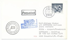 SUEDE - Carte Premier Vol Lufthansa Airbus A310 - KIEL => NICE 1987 / Cachet Paquebot - Covers & Documents