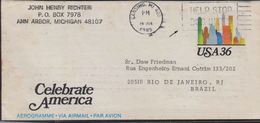 O) 1985 UNITED STATES - USA, URBAN SKYFINE -HELP STOP DOD BITES, CELEBRATE AMERICA, AEROGRAMM , FORM LANSING, TO BRAZIL - Andere & Zonder Classificatie