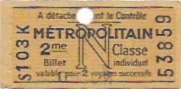 R.A.T.P " Titre De Transport  METROPOLITAIN  " - Europe