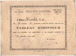 VP11.395 - Ville De PARIS 1931 - 32 - Collège CHAPTAL - Tableau D'Honneur - Elève Emile HIVERLET - Diplome Und Schulzeugnisse