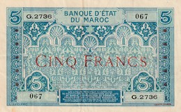 Billet 5 Francs Maroc Deuxieme Type Ref Muszynski 504d - Morocco