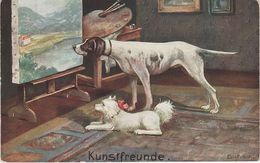 Künstlerkarte AK Stilleben Stillleben Kunstfreunde Hunde Vor Gemälde Kunst Malerei Elly Frank - Frank, Elly