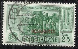 COLONIE ITALIANE: EGEO 1932 SCARPANTO GARIBALDI CENT. 25 CENTESIMI USATO USED OBLITERE' - Egée (Scarpanto)