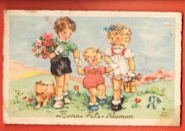 MIU-27  Luce André Andrée, Bonne Fête Maman, 3 Enfants Et Chien Avec Cadeaux. Circulé Sous Enveloppe En 1948 Petit Pli - Día De La Madre