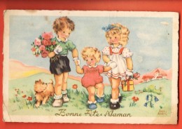 MIU-27  Luce André Andrée, Bonne Fête Maman, 3 Enfants Et Chien Avec Cadeaux. Circulé Sous Enveloppe En 1948 Petit Pli - Mother's Day