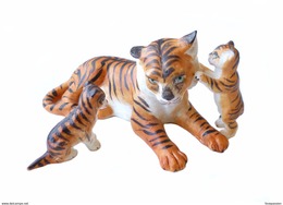 Lot 3 Figurine Ancienne Allemande Famille Tigre Biscuit Statuette Animal 1890 Bisque Miniature Bibelot - Animals