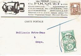 Carte Postale Publicitaire Léon FOCQUET à ETTERBEEK Taxée 20c 2TX33 Oblit. BRUXELLES Vers OREYE 31.12.1938 + T Crayon Bl - Other & Unclassified