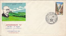 6091FM- SIMION MEHEDINTY, GEOGRAPHY SOCIETY, SPECIAL COVER, 1974, ROMANIA - Cartas & Documentos