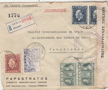 Grèce Lettre Recommandée Entête Papastratos Cigarette LE PIREE   Pour Tabacs Maroc Casablanca Censure Contrôle Change - Lettres & Documents