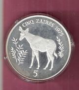 ZAIRE 5 ZAIRES 1975 SILVER PROOF WWF OKAPI SPOTS ON CAPSEL - Zaire (1971-97)