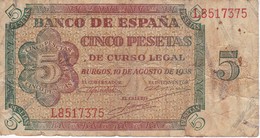 BILLETE DE ESPAÑA DE 5 PTAS DE BURGOS DEL AÑO 1938 SERIE L  (BANKNOTE) - 5 Pesetas