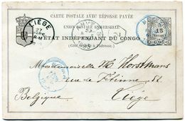 CONGO BELGE ENTIER POSTAL AVEC REPONSE DEPART BOMA ? FEVR 1893 POUR LA BELGIQUE - 1884-1894