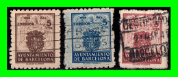 ESPAÑA SELLOS AYUNTAMIENTO DE BARCELONA ESCUDO NACIONAL DE LA CIUDAD AÑO 1944 SELLO DE RECARGO AÑO 1944 - Barcelona