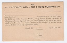 1917 GB Wilts County GAS LIGHT & COKE Co Postal STATIONERY CARD Gv Stamps Cover Energy Minerals - Gas