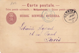 18412# SUISSE ENTIER POSTAL Obl CERNIER 1880 Pour PARIS Via SUISSE PONTARLIER ENTREE BLEUE - Entry Postmarks