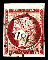 O N°6, 1f Carmin-vif Obl PC 1818, Petit Haut De Feuille. TTB (signé Calves/certificat)   Qualité: O   Cote: 1000 Euros - 1849-1850 Ceres