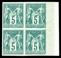 ** N°64a, 5c Vert Type I Non Dentelé En Bloc De Quatre Bord De Feuille Latéral Droit (1ex*), Fraîcheur Postale, Superbe  - 1876-1878 Sage (Tipo I)