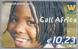 DE.- INTERNATIONAL PHONECARD. WORLDLINE. Call Africa.  € 10.23 / DM 20. Prepaid Phone Card. 2 Scans. - GSM, Cartes Prepayées & Recharges